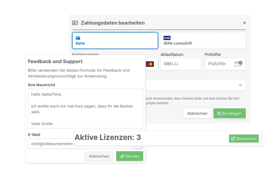 Screenshot, der verschiedene Teile der Supportfunktion und den Zahlungsbereich in der SpikeTime Zeiterfassung zeigt.