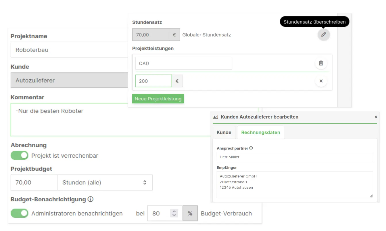 Screenshot, der verschiedene Teile der Stammdatenerfassung in der SpikeTime Zeiterfassung zeigt.