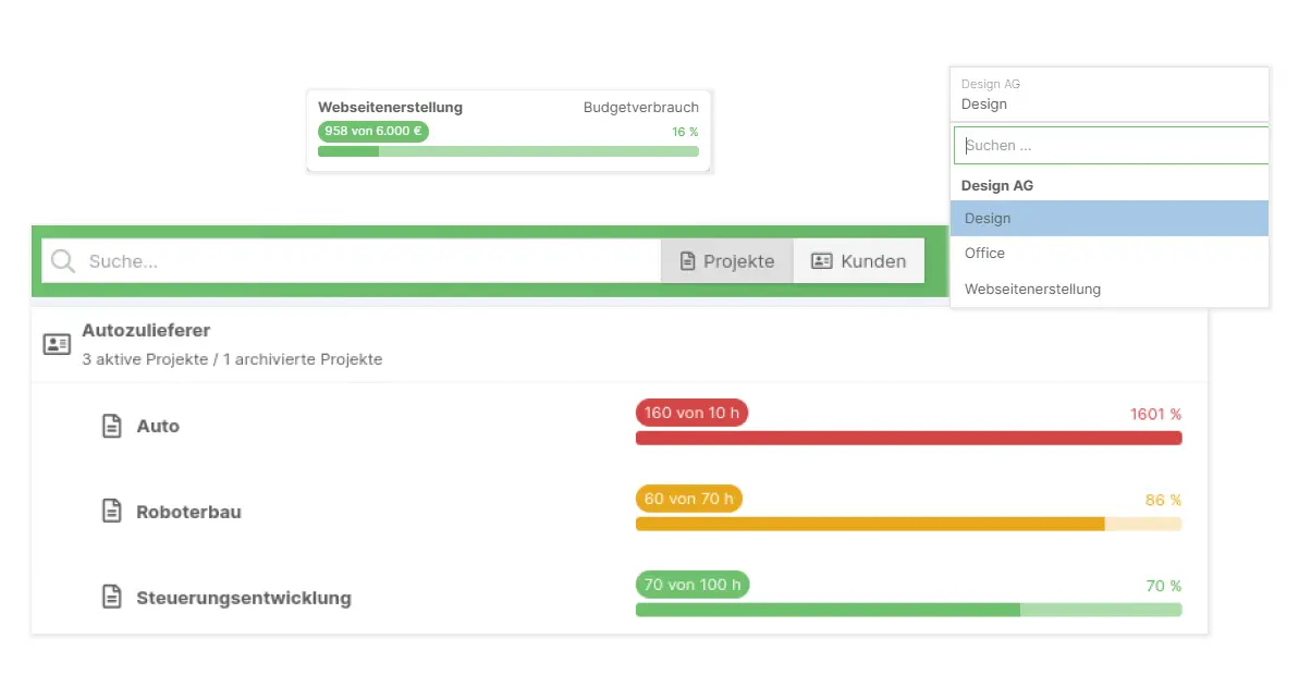 Screenshot, der verschiedene Teile der Kunden- und Projektverwaltung in der SpikeTime Zeiterfassung zeigt.