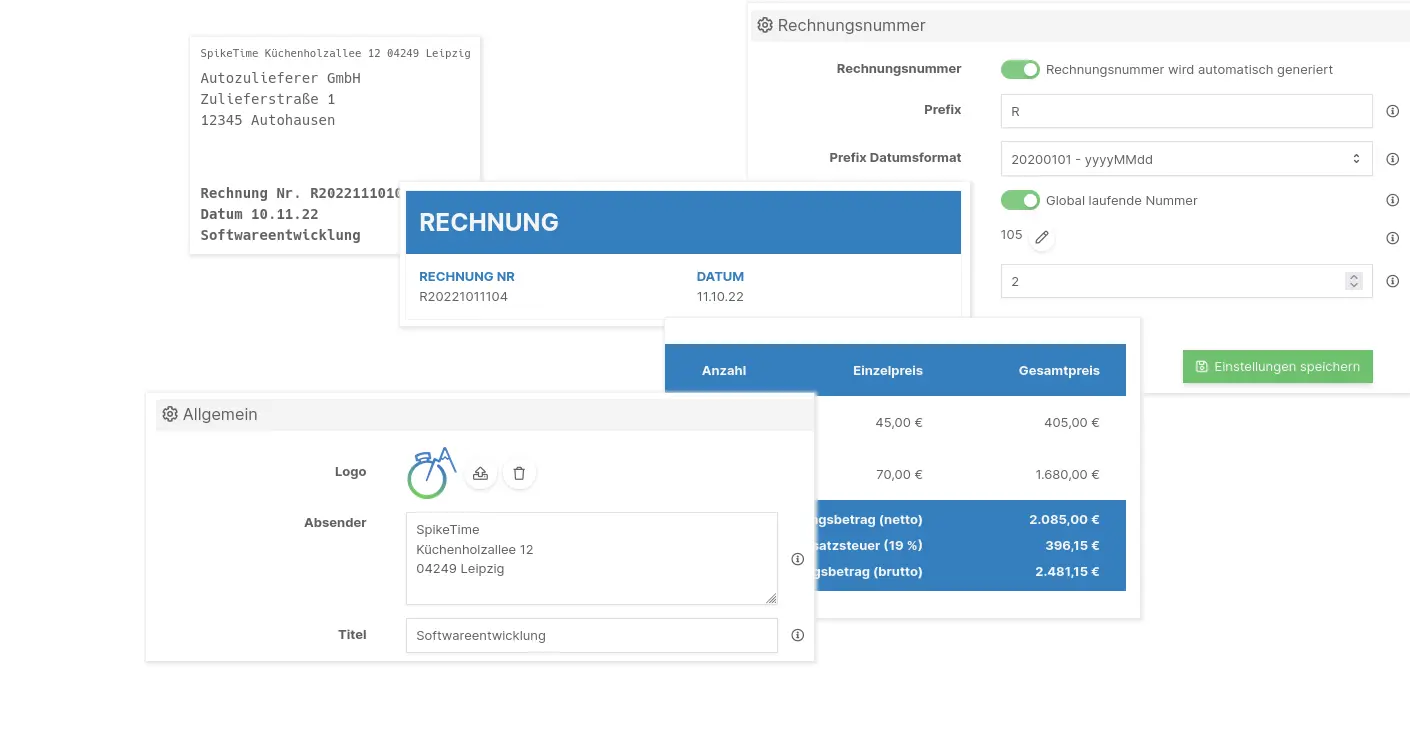 Screenshot, der verschiedene Teile der Rechnungseinstellungen in der SpikeTime Zeiterfassung zeigt.