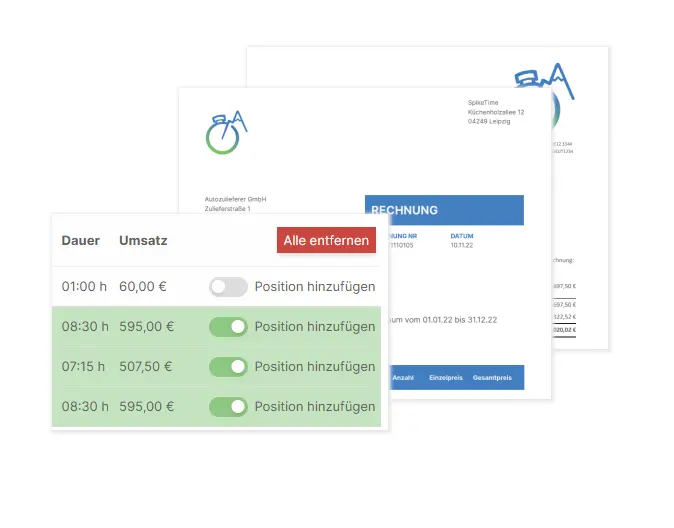 Screenshot, der verschiedene Teile der Rechnungserstellung in der SpikeTime Zeiterfassung zeigt.