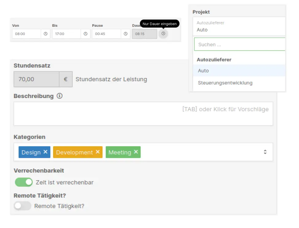 Screenshot, der Teile der Zeiterfassungs-Software zeigt