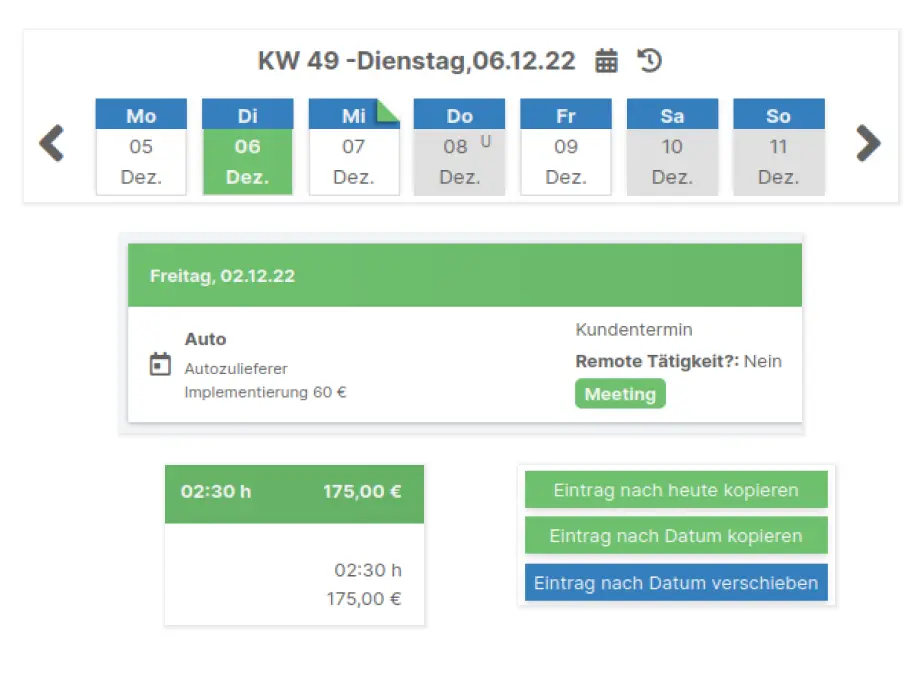 Screenshot, der verschiedene Teile der Tagesansicht in der SpikeTime Zeiterfassung zeigt.