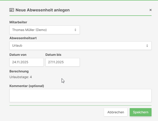 Formular zum Eintragen einer Abwesenheit