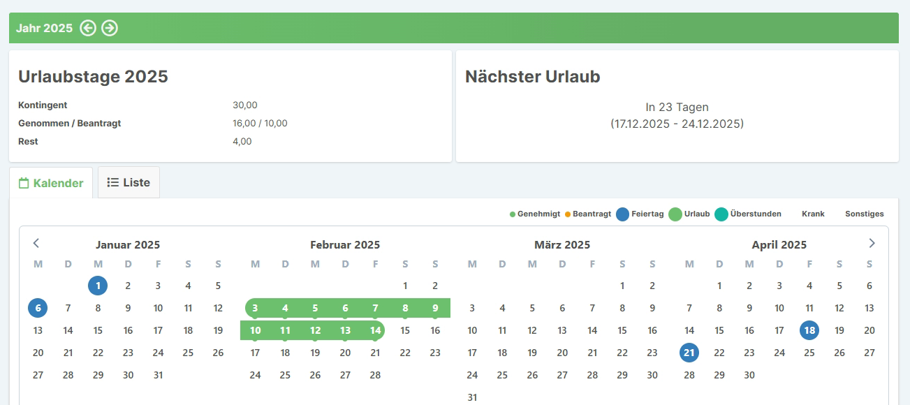 Übersicht der Abwesenheitsverwaltung in SpikeTime