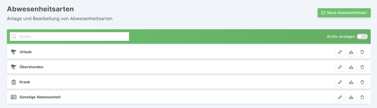 Übersicht der konfigurierbaren Abwesenheitsarten