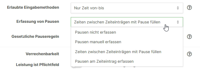 Dropdown-Menü für Pausenerfassung mit allen verfügbaren Optionen