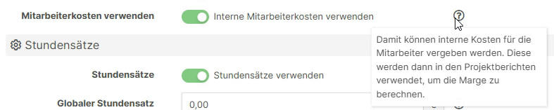 Stundensätze-Einstellungen mit Tooltip für interne Mitarbeiterkosten