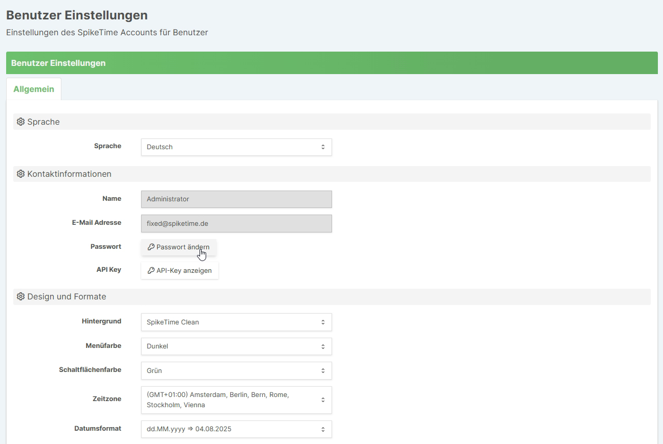 Benutzereinstellungen mit Allgemein-Bereich und Kontaktinformationen
