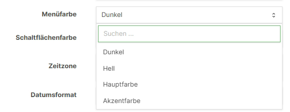 Farbauswahl-Dropdown für Schaltflächenfarbe mit Optionen Dunkel, Hell, Hauptfarbe und Akzentfarbe