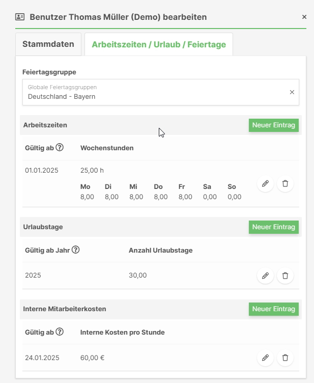 Tab für Arbeitszeiten, Urlaub und Feiertage