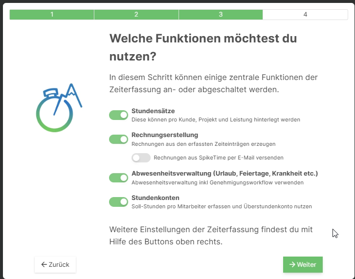Funktionsauswahl mit Stundensätzen, Rechnungserstellung, Abwesenheitsverwaltung und Stundenkonten