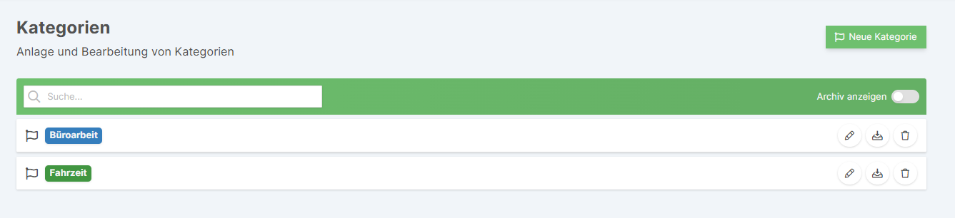 Kategorien-Übersicht mit Suchfeld und Kategorienliste