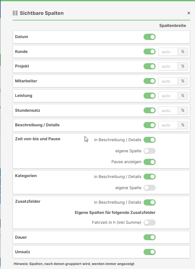 Menü für sichtbare Spalten mit Toggle-Optionen