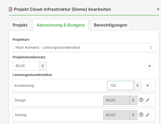 Abrechnungseinstellungen nach Aufwand