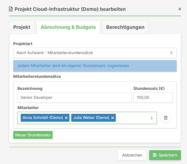 Mitarbeiterstundensätze zuordnen