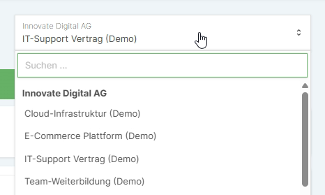 Projektwechsel in der Projektreports-Seite