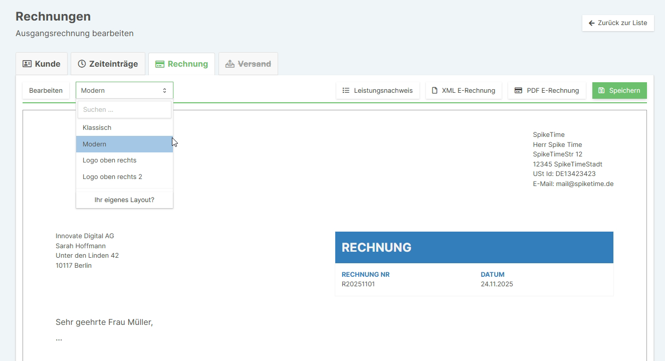 Vorschau mit verschiedenen Rechnungsdesigns