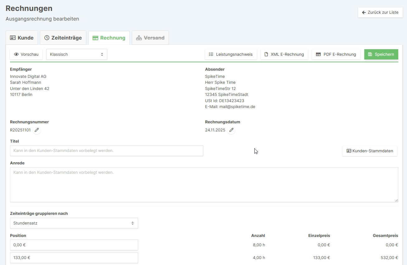 Rechnungsentwurf mit Bearbeitungsoptionen