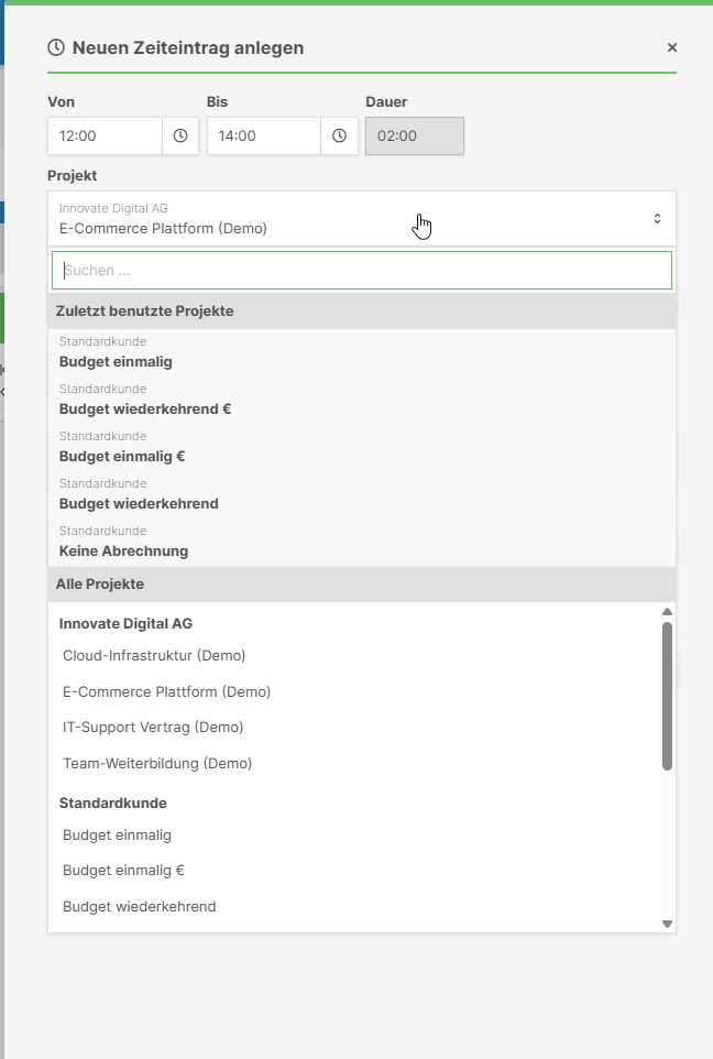 Dialog zum Anlegen eines neuen Zeiteintrags mit Projektauswahl