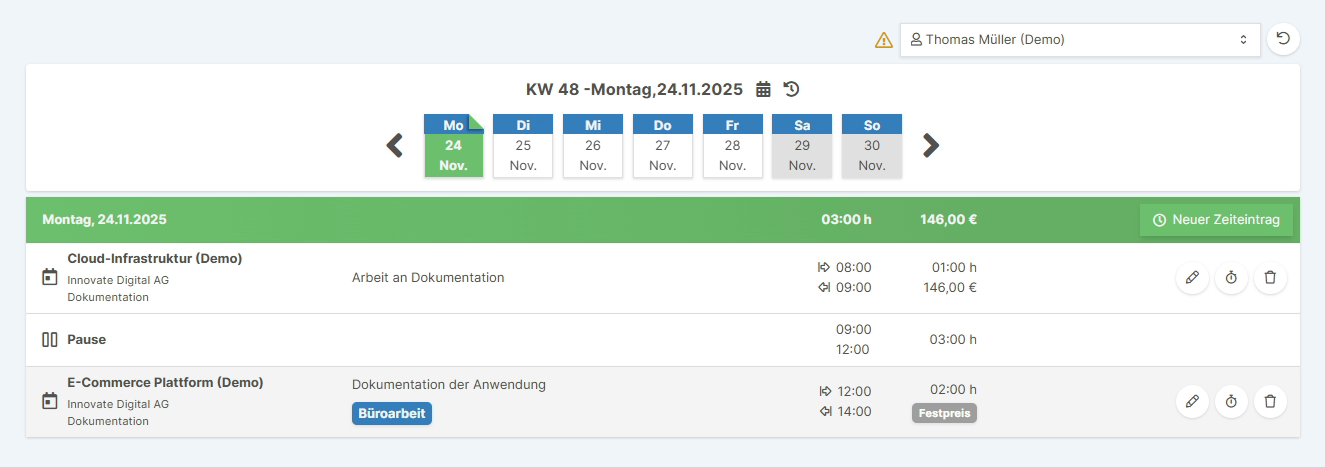 Gespeicherter Zeiteintrag in der Liste