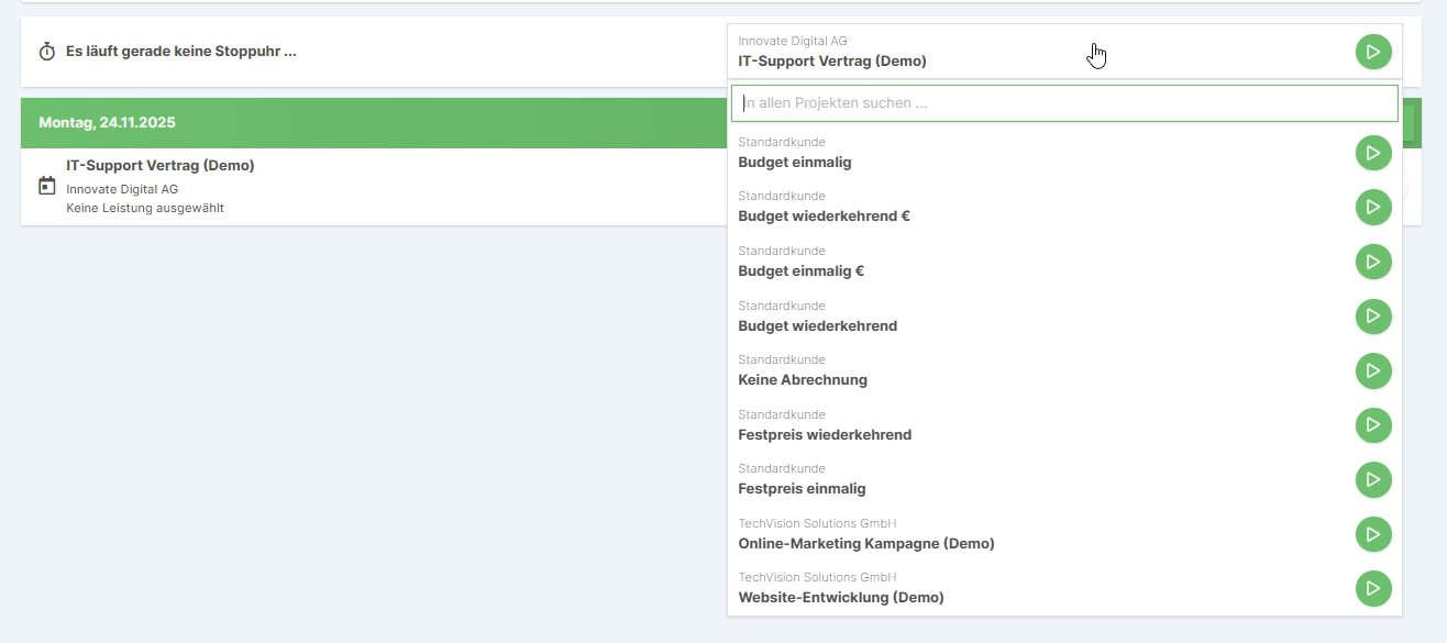 Stoppuhr-Interface mit Projektauswahl