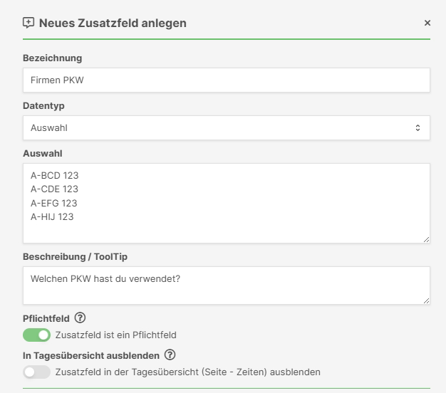 Konfiguration eines Zusatzfeldes für Firmen-PKW mit Auswahloptionen und Tooltip