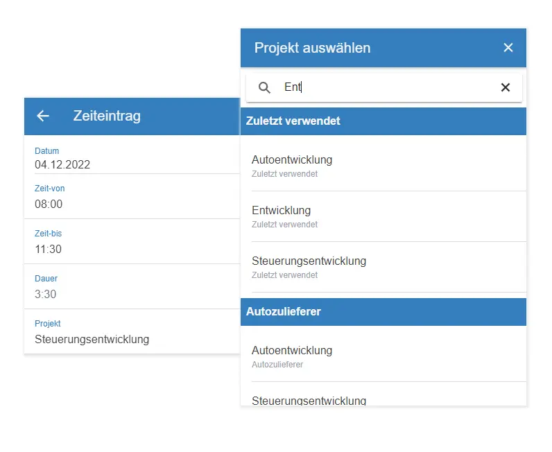 Screenshot, der Elemente der Arbeitszeiterfassung in der App zeigt.