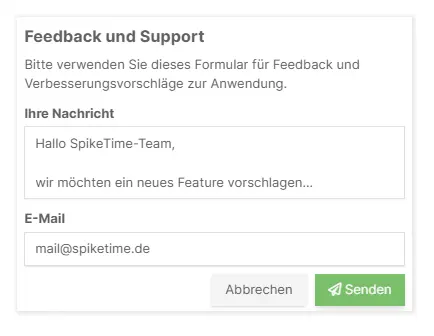 Screenshot, der das in der Software integrierte Support-Formular zeigt.