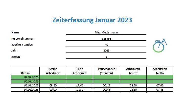 Screenshot, der die Excel-Vorlage zeigt