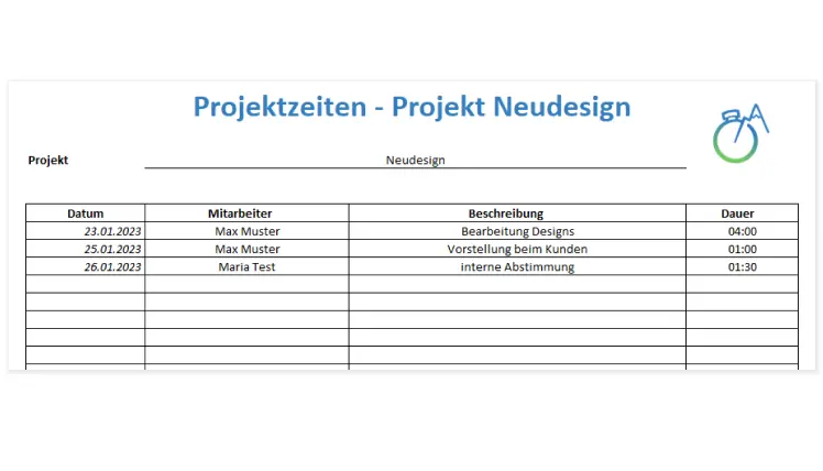 Screenshot, der die Projektzeiterfassung mit Excel zeigt.