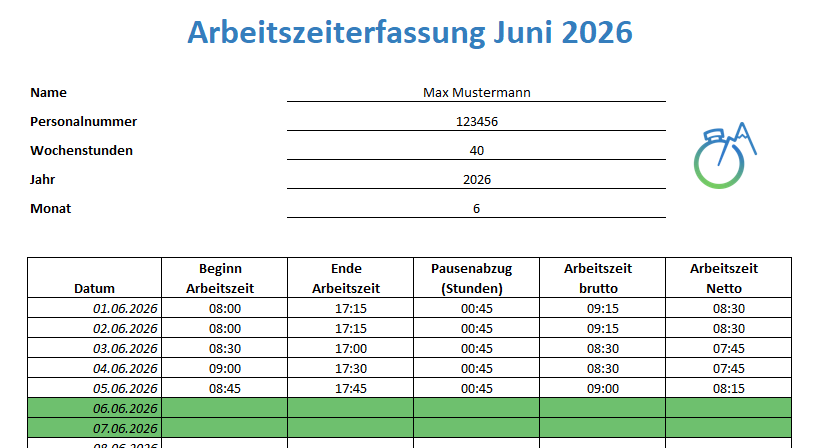 Arbeitszeiterfassung mit Excel - Kostenlose Vorlage Screenshot, der die Arbeitszeiterfassung mit Excel zeigt.