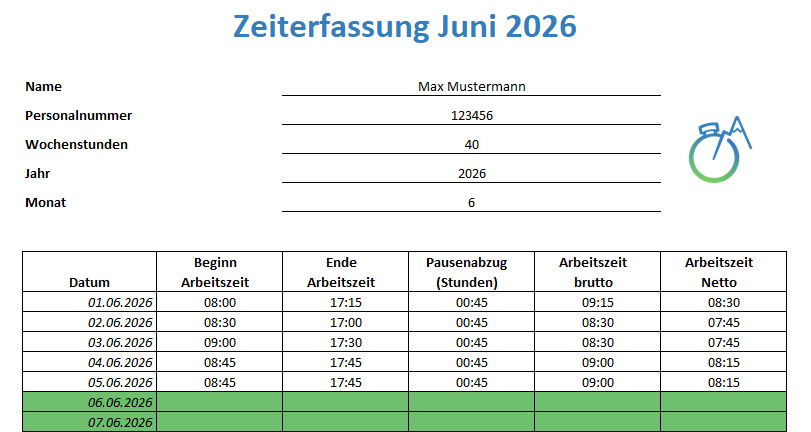 Screenshot, der die Excel-Vorlage zur Zeiterfassung zeigt