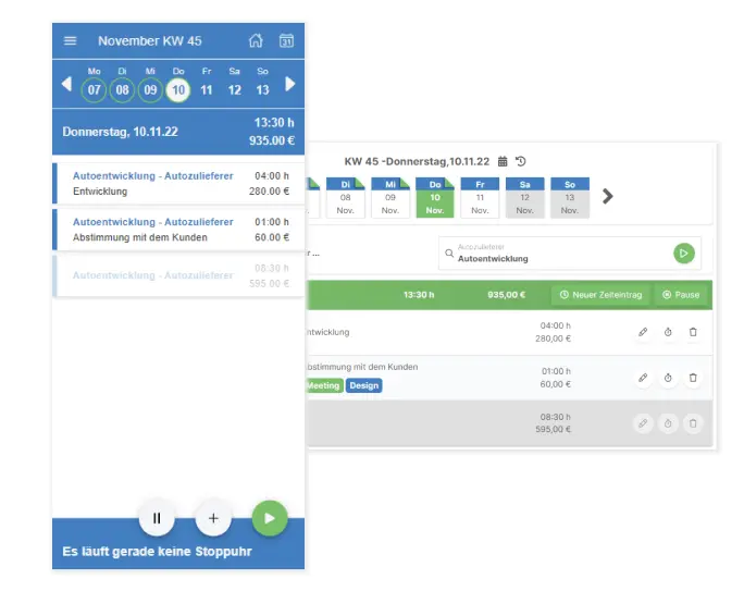 Screenshot, der einen Ausschnitt aus der mobilen App zur Zeiterfassung und einen Ausschnitt aus der Webanwendung zeigt..