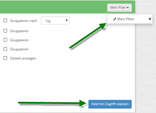 Gespeicherter Filter und externe Freigabe der Zeiterfassungsdaten